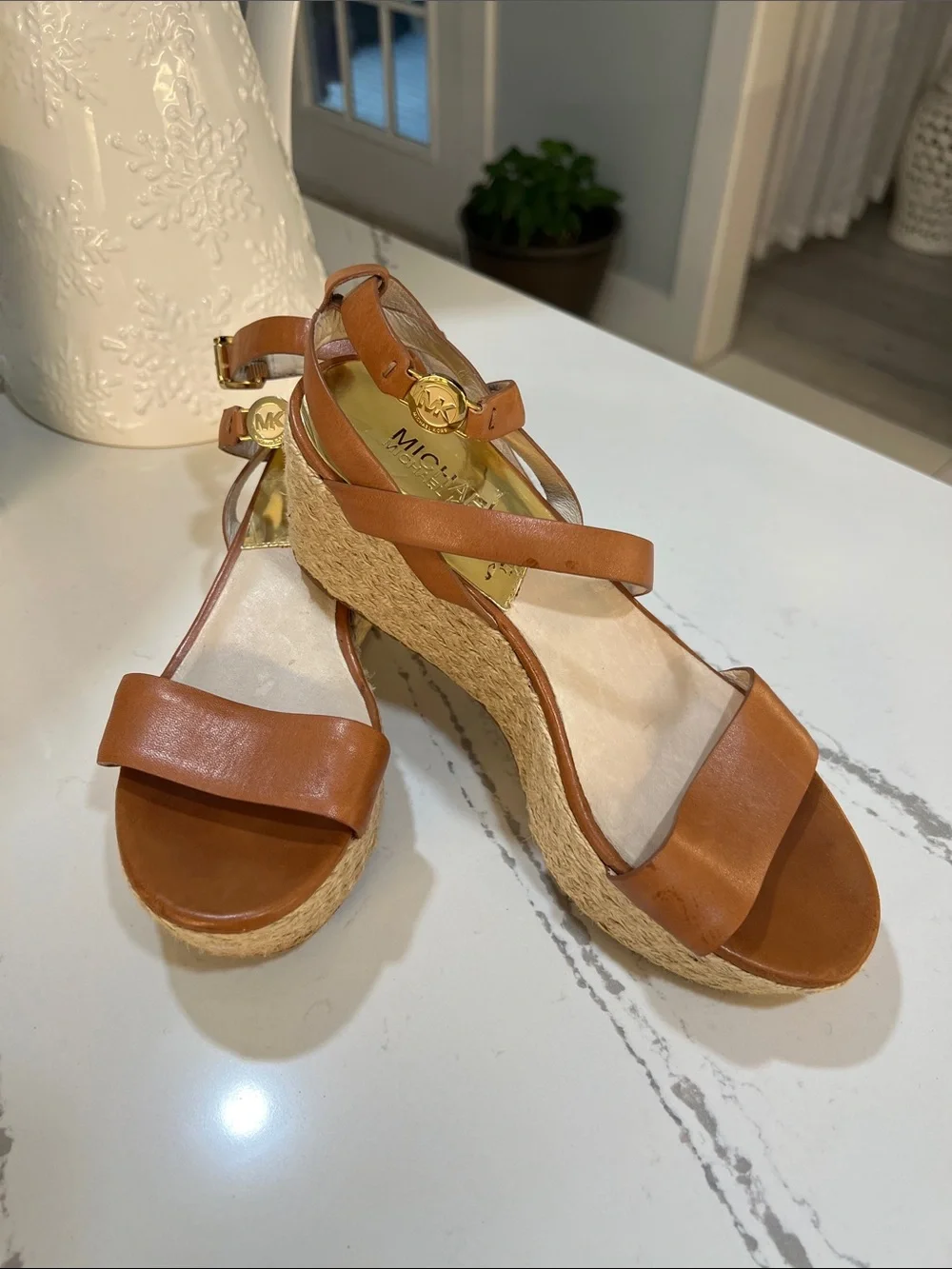 Michael Kors Cognac Leather Espadrille Wedge Sandals size 7
